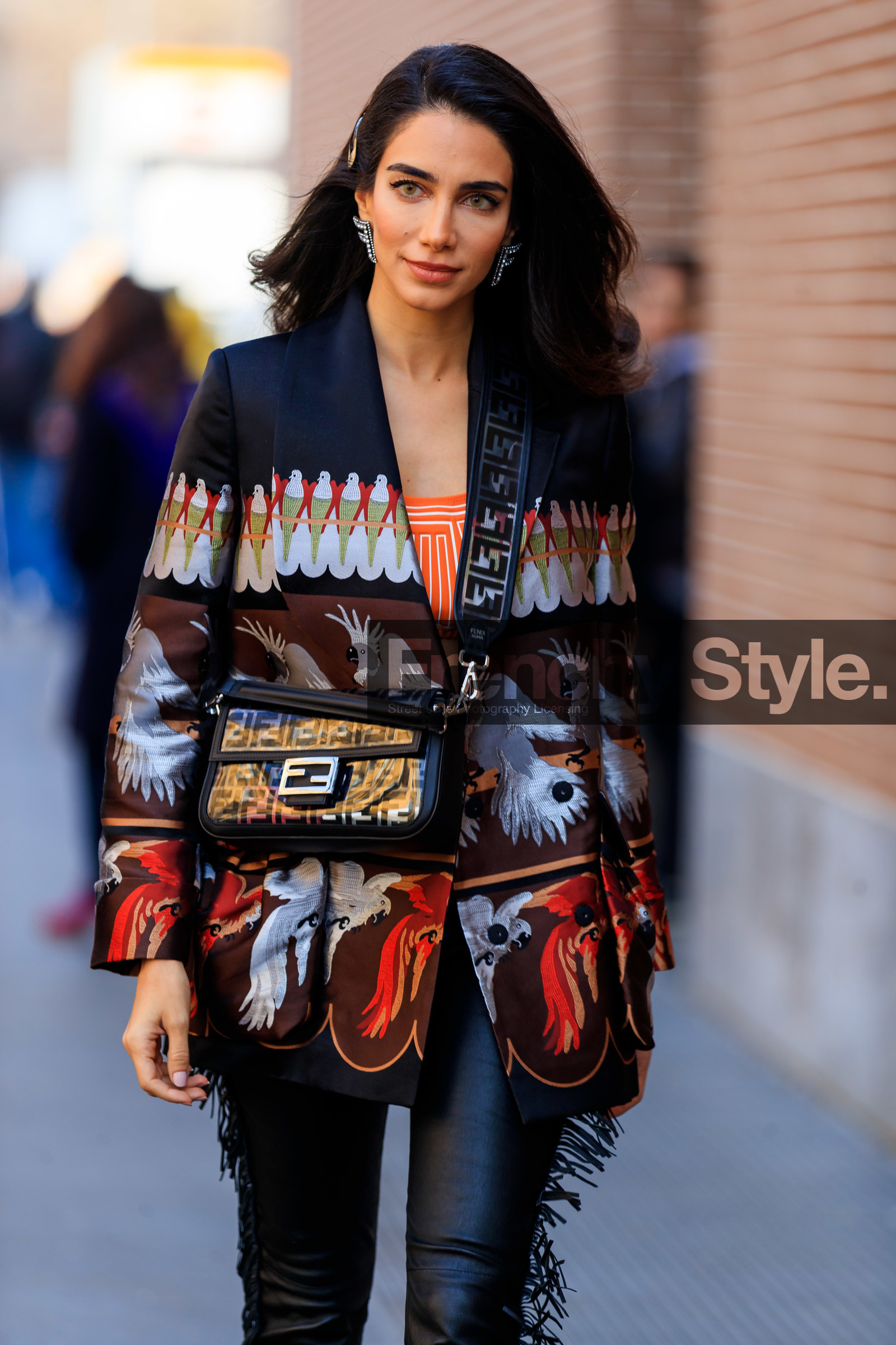 animal print, black pants, blazer, earrings, fendi, fringes, graphic bag, graphic jacket, jessica kahawaty, leather bag, leather pants, monogram, multicolor jacket, printed bag, printed jacket, transparent bag, trousers, MILAN, MFW, fashion week, frenchystyle, FW, jonathan paciullo, street style, AUTUMN WINTER 2019-2020, AW 19-20, FALL WINTER 2019-2020, FW 19-20, vertical, atmosphere details, detail