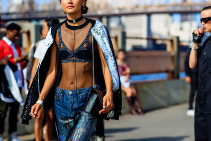 atmosphere details, black bag, black bra, blue denim, bra, choker, denim pants, detail, fashion week, frenchystyle, FW, horizontal, jeans, jonathan paciullo, leather bag, NEW YORK, NYFW, over the shoulder, see through, sequined, sequined jacket, shiny, SPRING SUMMER 2017, SS 17, street style, transparent, trousers, woman