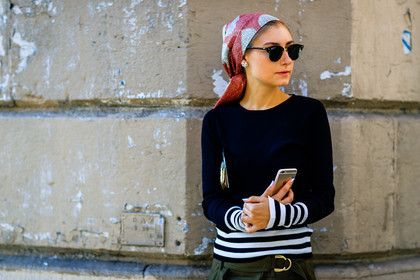 atmosphere details, detail, fashion week, frenchystyle, FW, green pants, headband, horizontal, jenny walton, jonathan paciullo, navy sweater, PARIS, PFW, red scarf, SPRING SUMMER 2017, SS 17, street style, striped top, sunglasses, trousers, wide pants
