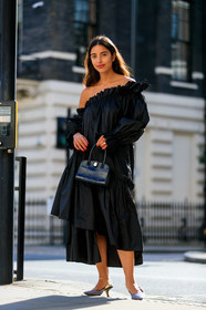 bettina looney, logo strap shoes, dior shoes, vichy printed shoes, kitten heels shoes, black dress, ruffle dress, asymmetrical dress, diamond ring, black leather bag, black polish bag, hand bag, mini bag, long sleeves dress, fashion week, frenchystyle, FW, jonathan paciullo, street style, vertical, full length