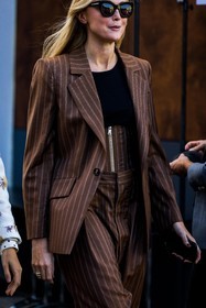 black top, blazer, brown blazer, brown corset, brown pants, brown suit, Jane McFarland, pants, print, printed blazer, printed pants, striped blazer, striped corset, striped pants, stripes, suit, sunglasses, street style, jonathan paciullo, FW, frenchystyle, fashion week, PFW, PARIS, SPRING SUMMER 2022, SS 22, vertical, atmosphere details