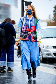 jennifer neyt, bandana printed jacket, multicolor jacket, red jacket, pink jacket, green jacket, blue jacket, belted jacket, black leather belt, cowboy belt, down jacket, denim, denim skirt, long skirt, black leather boots, high boots, covid face mask, fashion week, frenchystyle, FW, jonathan paciullo, street style, PFW, PARIS, SPRING SUMMER 2021, SS 21, vertical, full length