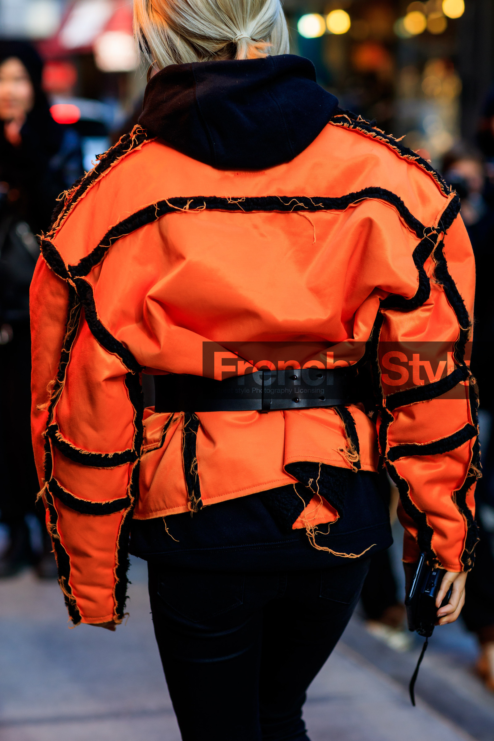 black belt, black pants, black sweater, hoodie, leather belt, orange jacket, trousers, street style, jonathan paciullo, FW, frenchystyle, fashion week, NYFW, NEW YORK, AUTUMN WINTER 2018-2019, AW 18-19, FALL WINTER 2018-2019, FW 18-19, vertical, atmosphere details, detail, vanessa hong