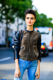 AUTUMN WINTER 2016-2017, AW 16-17, blanca padilla, blue denim, brown jacket, denim pants, detail, FALL WINTER 2016-2017, fashion week, frenchystyle, FW, FW 16-17, HAUTE COUTURE, jeans, jonathan paciullo, leather jacket, MENSWEAR, model, PARIS, PFW, portrait, pulled back hair, street style, trousers, vertical