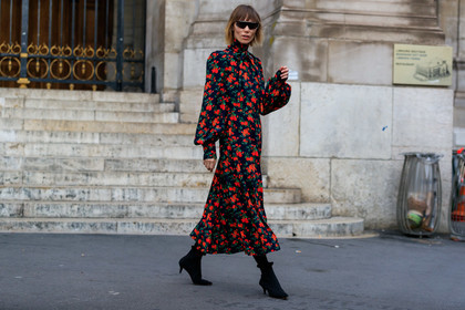 anya ziourova, black dress, black suede boots, black sunglasses, futurist shape sunglasses, floral printed dress, red dress, high collar dress, lavalliere collar, balloon sleeves, long dress, long sleeves dress, ruffle boots, low boots, kitten heels boots, green dress, PARIS, PFW, SPRING SUMMER 2020, SS 20, fashion week, frenchystyle, FW, jonathan paciullo, street style, horizontal, atmosphere details, full length