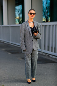 sophia roe, houndstooth printed jacket, grey jacket, grey pants, black jacket, black pants, black leather clutch, oversize jacket, silk top, satin top, black top, low necked top, beige sunglasses, square shape glasses, silvered necklace, black leather shoes, big necklace, fashion week, frenchystyle, FW, jonathan paciullo, street style, MFW, MILAN, AUTUMN WINTER 2020-2021, FALL WINTER 2020-2021, FW 20-21, vertical, full length
