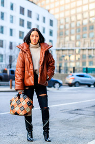 beige sweater, black denim, black shoes, brown bag, brown jacket, checked bag, denim pants, down jacket, graphic bag, high boots, high heels, jeans, leather bag, leather jacket, leather shoes, patchwork, printed bag, ripped pants, studs, trousers, zip, street style, jonathan paciullo, FW, frenchystyle, fashion week, NYFW, NEW YORK, AUTUMN WINTER 2018-2019, AW 18-19, FALL WINTER 2018-2019, FW 18-19, vertical, full length, Tiffany Hsu