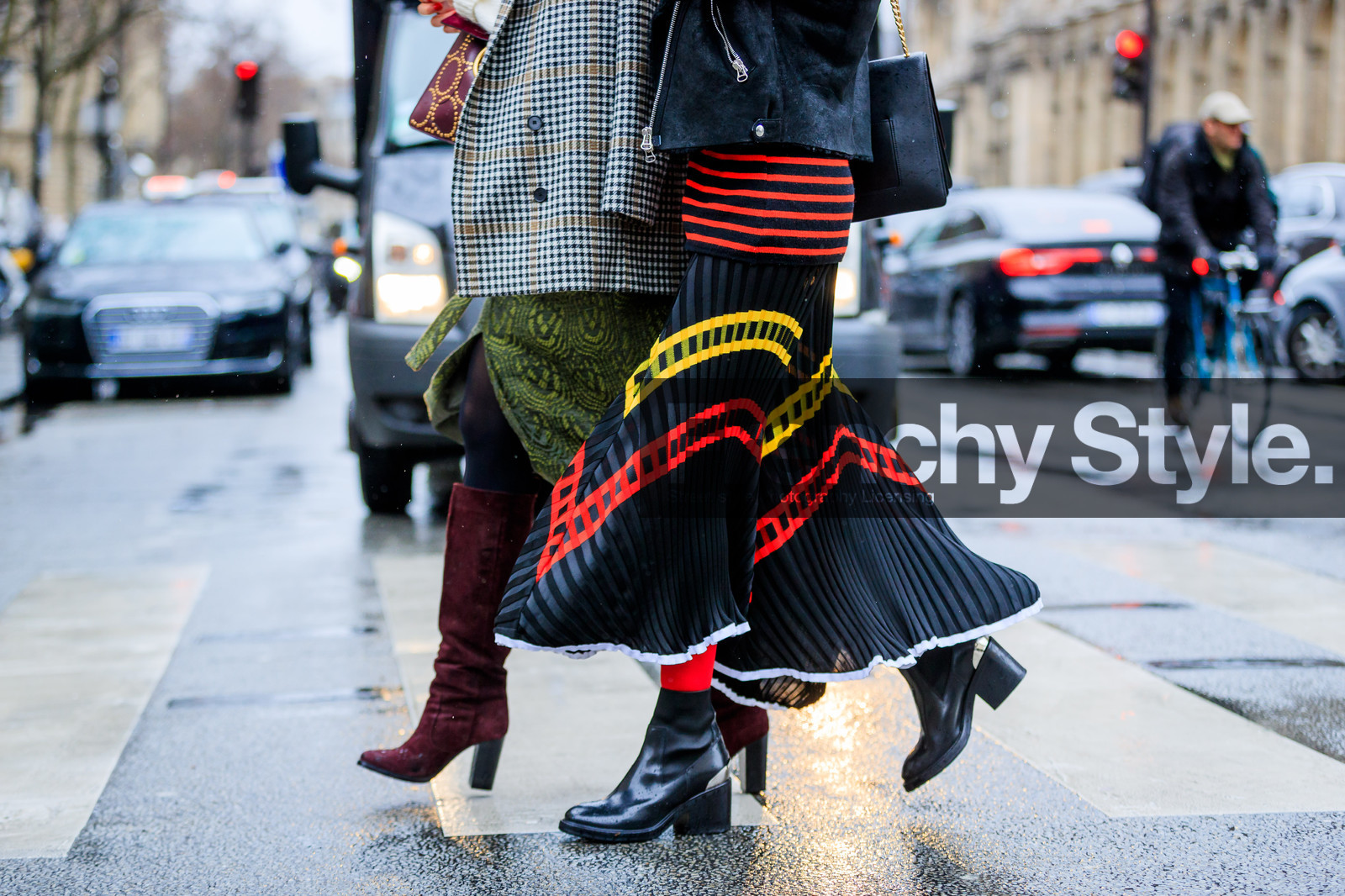 atmosphere details, AUTUMN WINTER 2017-2018, AW 17-18, black boots, black jacket, black shoes, blazer, bordeaux, burgundy, checked jacket, detail, FALL WINTER 2017-2018, fashion week, frenchystyle, FW, FW 17-18, graphic bag, graphic skirt, green skirt, grey jacket, high boots, high heels, horizontal, jonathan paciullo, leather bag, leather jacket, leather shoes, PARIS, PFW, plaid, pleated skirt, printed bag, printed jacket, printed skirt, red bag, red boots, red socks, shearling, street style, striped skirt