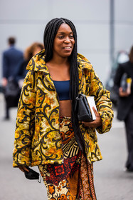 black pouch, bra, coat, color, floral print, flower, navy bra, orange skirt, paisley, pouch, print, printed coat, printed skirt, Rajni Lucienne Jacques, red skirt, skirt, yellox coat, PARIS, PFW, fashion week, frenchystyle, FW, jonathan paciullo, street style, SPRING SUMMER 2022, SS 22, vertical, atmosphere details