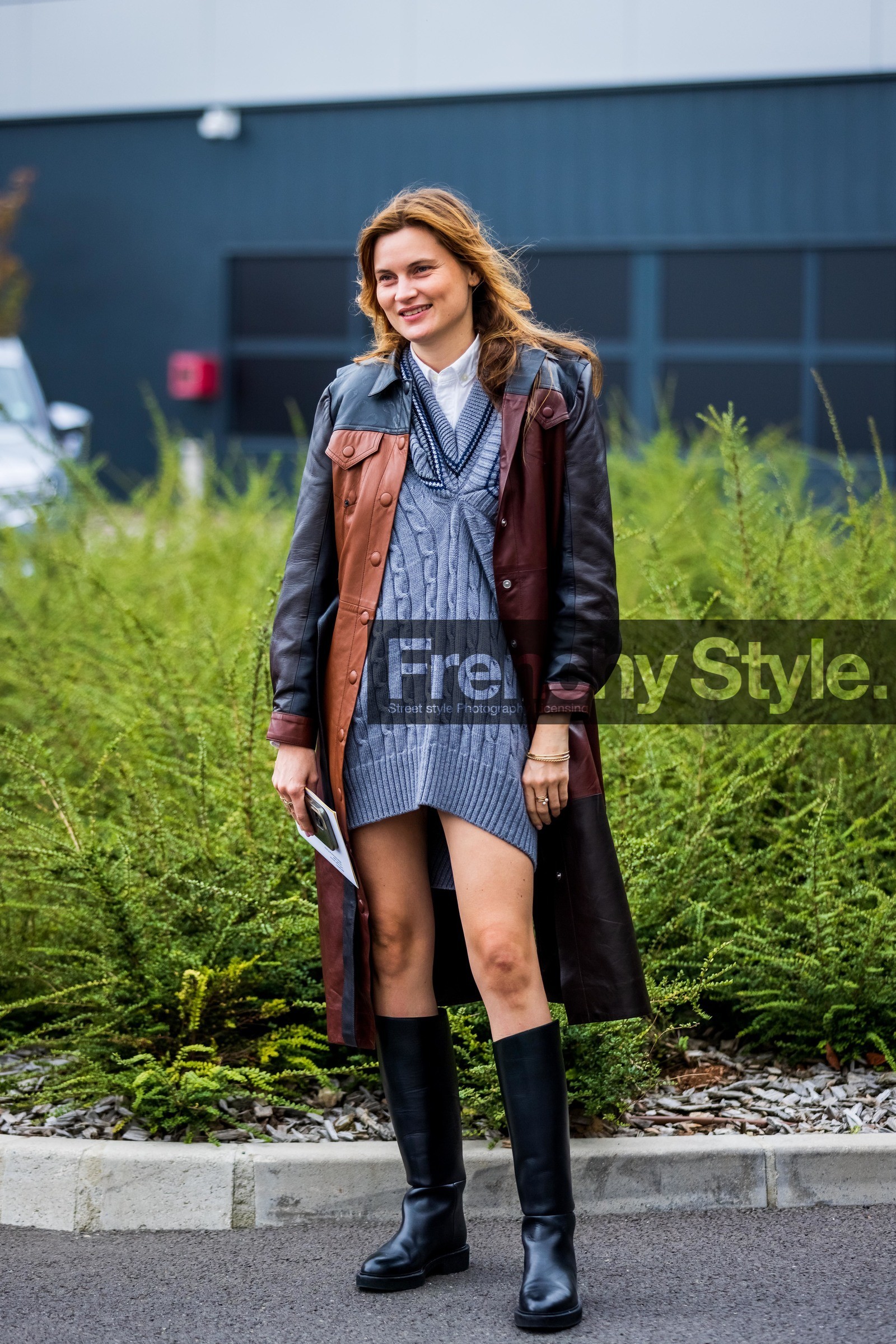 black boots, boots, brown coat, coat, dress, Eugénie Trochu, grey dress, knitted dress, leather coat, patchwork, wool dress, PARIS, PFW, fashion week, frenchystyle, FW, jonathan paciullo, street style, SPRING SUMMER 2022, SS 22, vertical, full length