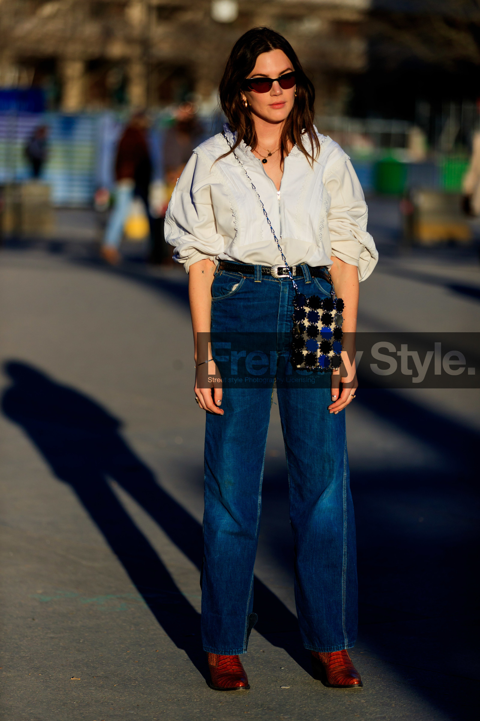 black bag, black belt, blue denim, denim pants, graphic bag, jeans, leather bag, leather belt, leather shoes, madelynn furlong, red boots, sunglasses, trousers, white shirt, PARIS, PFW, street style, jonathan paciullo, FW, frenchystyle, fashion week, AUTUMN WINTER 2019-2020, AW 19-20, FALL WINTER 2019-2020, FW 19-20, vertical, full length