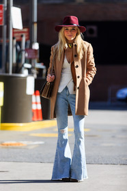 AUTUMN WINTER 2016-2017, AW 16-17, beige coat, blue denim, bordeaux, brown bag, camel jacket, denim pants, FALL WINTER 2016-2017, fashion week, frenchystyle, full length, FW, FW 16-17, golden jewelry, jeans, jonathan paciullo, lace top, leather bag, necklace, NEW YORK, NYFW, red hat, street style, studs, trousers, valentino, vertical, white top, wide pants, woman