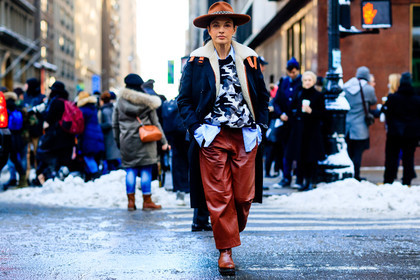 atmosphere details, AUTUMN WINTER 2017-2018, AW 17-18, black coat, blue shirt, brown boots, brown hat, brown pants, camo sweater, camouflage, FALL WINTER 2017-2018, fashion week, frenchystyle, full length, fur collar, FW, FW 17-18, grey sweater, horizontal, jonathan paciullo, julie ragolia, leather pants, NEW YORK, NYFW, prada, printed sweater, street style, trousers, white fur, worth and worth