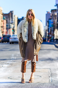 Adi Heyman, AUTUMN WINTER 2016-2017, AW 16-17, brown dress, brown jacket, brown pants, brown sandals, camel pants, fashion week, frenchystyle, full length, fur collar, FW, FW 16-17, jonathan paciullo, leather jacket, leather pants, mules, natural fur, NEW YORK, NYFW, ray ban, silk dress, street style, sunglasses, tone on tone, total look brown, vertical, white fur, woman