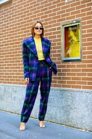 blazer, blue jacket, blue pants, blue suit, checked, checked suit, graphic jacket, graphic pants, graphic suit, high heels, leather shoes, lena lademann, plaid, printed jacket, printed pants, printed suit, sunglasses, trousers, yellow sweater, street style, jonathan paciullo, FW, frenchystyle, fashion week, MFW, MILAN, SPRING SUMMER 2019, SS 19, vertical, full length