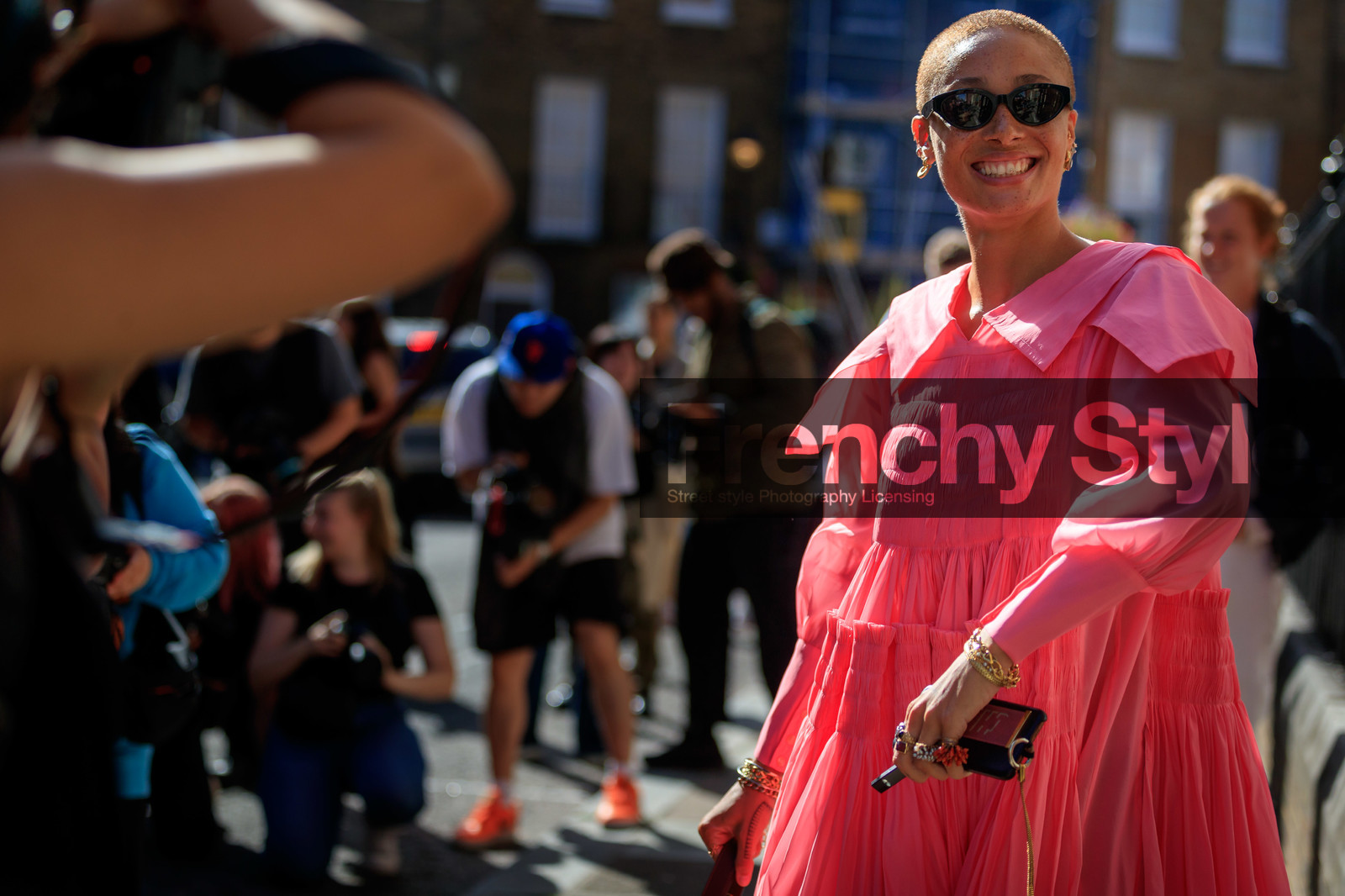 model, adwoa aboah, black sunglasses, butterfly sunglasses, pink dress, smocked dress, collar details, multi bracelet, multi rings, fashion week, frenchystyle, FW, jonathan paciullo, street style, atmosphere details, horizontal, detail