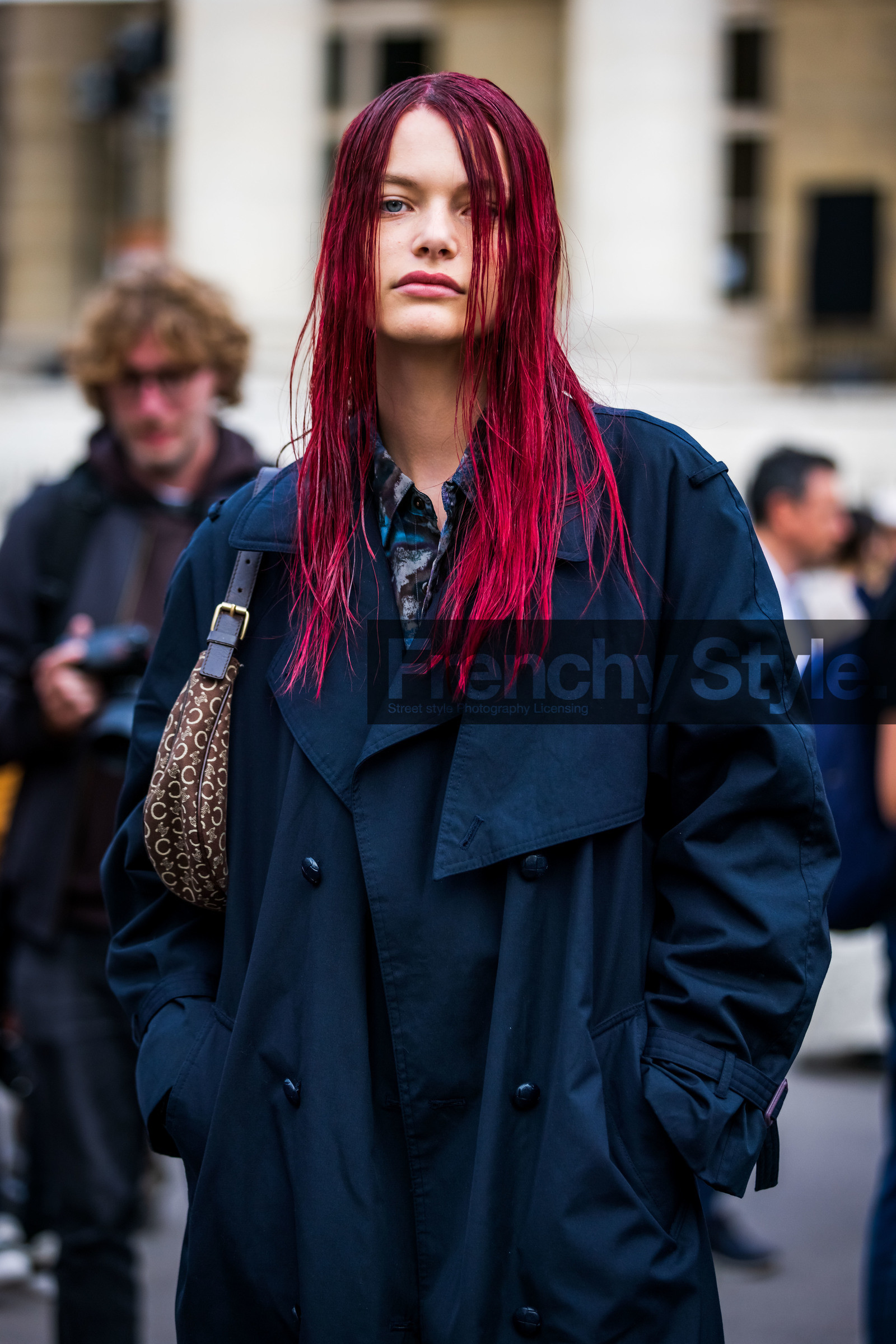 bag, black trenchcoat, hairstyle, logo print, marine serre bag, printed bag, printed shirt, red hair, shirt, street style, jonathan paciullo, FW, frenchystyle, fashion week, PFW, PARIS, SPRING SUMMER 2022, SS 22, vertical, atmosphere details, model
