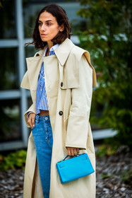 bag, beige coat, blue bag, blue denim, blue jean, blue shirt, coat, denim, Erika Boldrin, hermes bag, jean, kelly bag, shirt, small bag, striped shirt, stripes, street style, jonathan paciullo, FW, frenchystyle, fashion week, PFW, PARIS, SPRING SUMMER 2022, SS 22, vertical, atmosphere details