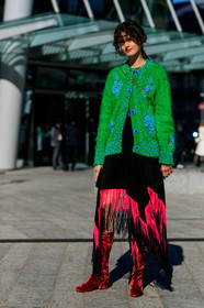 black dress, chloe hill, fringes, graphic jacket, graphic skirt, green cardigan, high boots, leather shoes, printed jacket, printed skirt, red boots, red lips, velvet, MILAN, MFW, fashion week, frenchystyle, FW, jonathan paciullo, street style, AUTUMN WINTER 2019-2020, AW 19-20, FALL WINTER 2019-2020, FW 19-20, vertical, full length