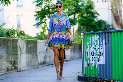 atmosphere details, blue shirt, fashion week, frenchystyle, full length, FW, giovanna battaglia, graphic dress, high heels, horizontal, jonathan paciullo, laser cut, leather shoes, multicolor dress, PARIS, PFW, printed dress, SPRING SUMMER 2017, SS 17, street style, striped shirt, sunglasses