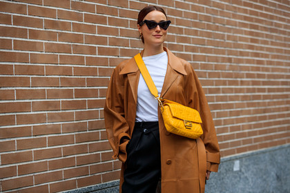 lena lademann, fendi bag, fendi baguette bag, yellow bag, yellow leather bag, monogrammed bag, crossbody bag, fendi coat, brown leather coat, openwork coat, black pants, silk pants, loose pants, black sunglasses, futurist shape sunglasses, butterfly sunglasses, street style, jonathan paciullo, FW, frenchystyle, fashion week, MFW, MILAN, SPRING SUMMER 2020, SS 20