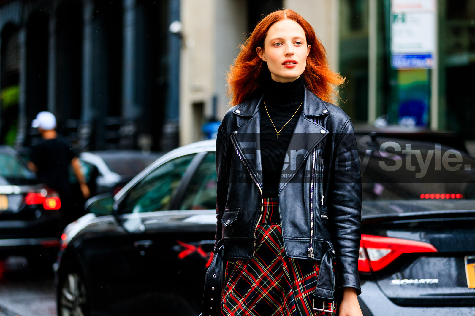 black jacket, black perfecto, black skirt, black turtleneck, checked, graphic skirt, leather jacket, leather perfecto, model, necklace, plaid, printed skirt, red lips, tartan, street style, jonathan paciullo, FW, frenchystyle, fashion week, NYFW, NEW YORK, SPRING SUMMER 2019, SS 19, atmosphere details, horizontal, detail