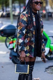 bead bracelet, black bag, black boots, black sunglasses, black top, bracelet, brown jacket, close up, colored jacket, detail, gold bracelet, gucci bag, high boots, jacket, Jessica Willis, leather jacket, multicolor, pastel bag, patchwork, pearl bracelet, pink bag, pink pants, print, printed jacket, ring, small bag, sunglasses, fashion week, frenchystyle, FW, jonathan paciullo, street style, PFW, PARIS, SPRING SUMMER 2022, SS 22, vertical, atmosphere details