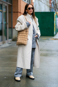 chloe loulou de saison, light beige coat, grey jacket, grey pants, white pullover, white top, striped jacket, striped pants, striped suits, turtleneck pullover, turtleneck top, beige sunglasses, beige leather bag, beige suede bag, checked bag, chain strap bag, chain details, beige suede boots, flat boots, silvered necklace, silvered earrings, hoop earrings, big chain necklace, fashion week, frenchystyle, FW, jonathan paciullo, street style, NYFW, NEW YORK, AUTUMN WINTER 2020-2021, FALL WINTER 2020-2021, FW 20-21, vertical, full length