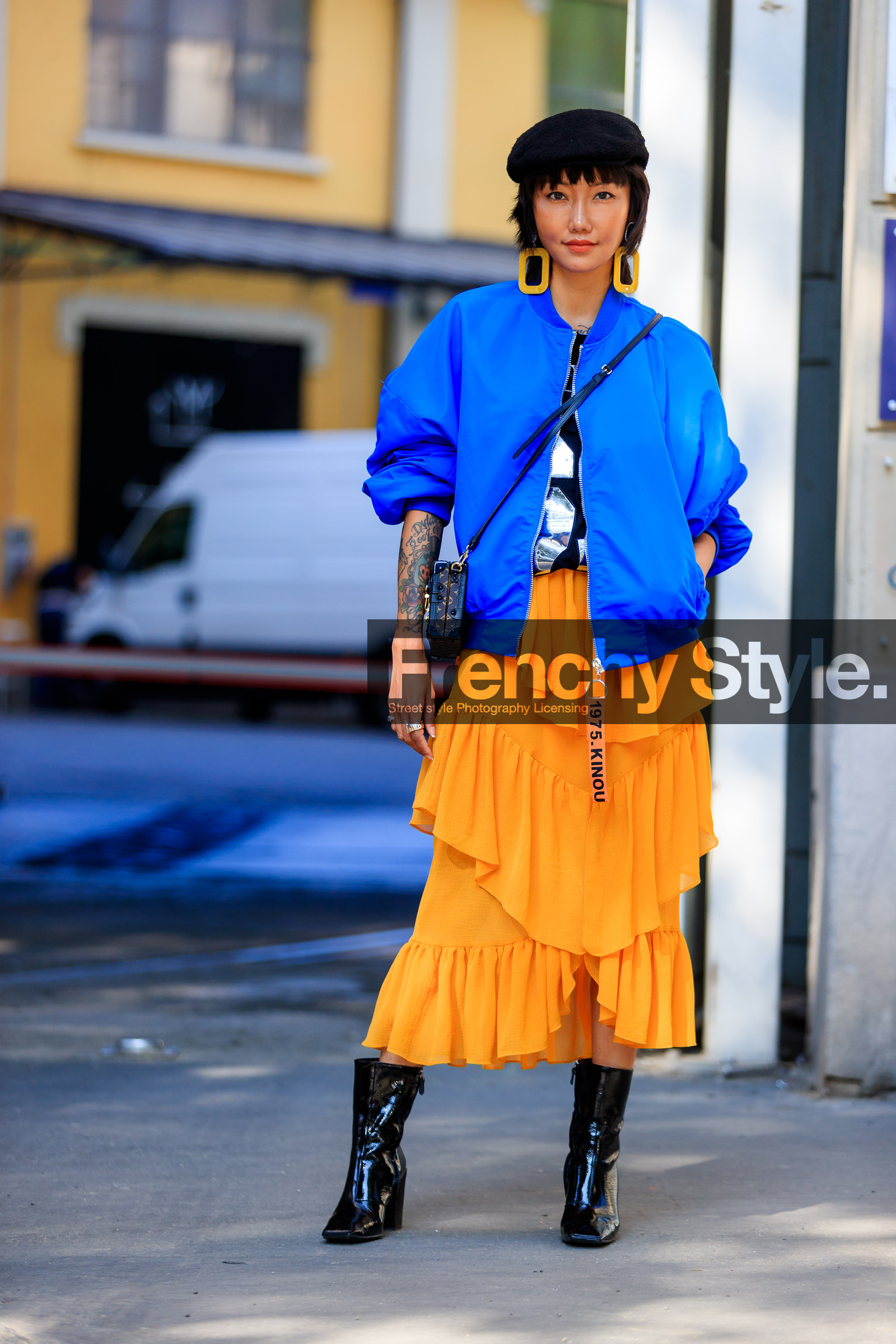 beret, black hat, black shoes, blue jacket, bomber jacket, brown bag, earrings, fashion week, frenchystyle, full length, FW, graphic bag, high heels, jonathan paciullo, layers, leather bag, leather shoes, louis vuitton, MFW, MILAN, monogram, orange skirt, printed bag, ruffles, SPRING SUMMER 2018, SS 18, street style, varnished leather shoes, vertical