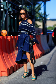 black bag, blue skirt, blue sweater, cold shoulder, fashion week, frenchystyle, full length, FW, graphic sweater, green shoes, high heels, jonathan paciullo, leather shoes, NEW YORK, NYFW, printed sweater, SPRING SUMMER 2018, SS 18, street style, striped sweater, sunglasses, vertical