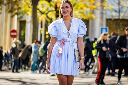 bag, balloon sleeves, blue dress, dress, embroidery, Nina Suess, sandals, short dress, silver bag, strass, striped dress, stripes, fashion week, frenchystyle, FW, jonathan paciullo, street style, PFW, PARIS, SPRING SUMMER 2022, SS 22, horizontal, atmosphere details