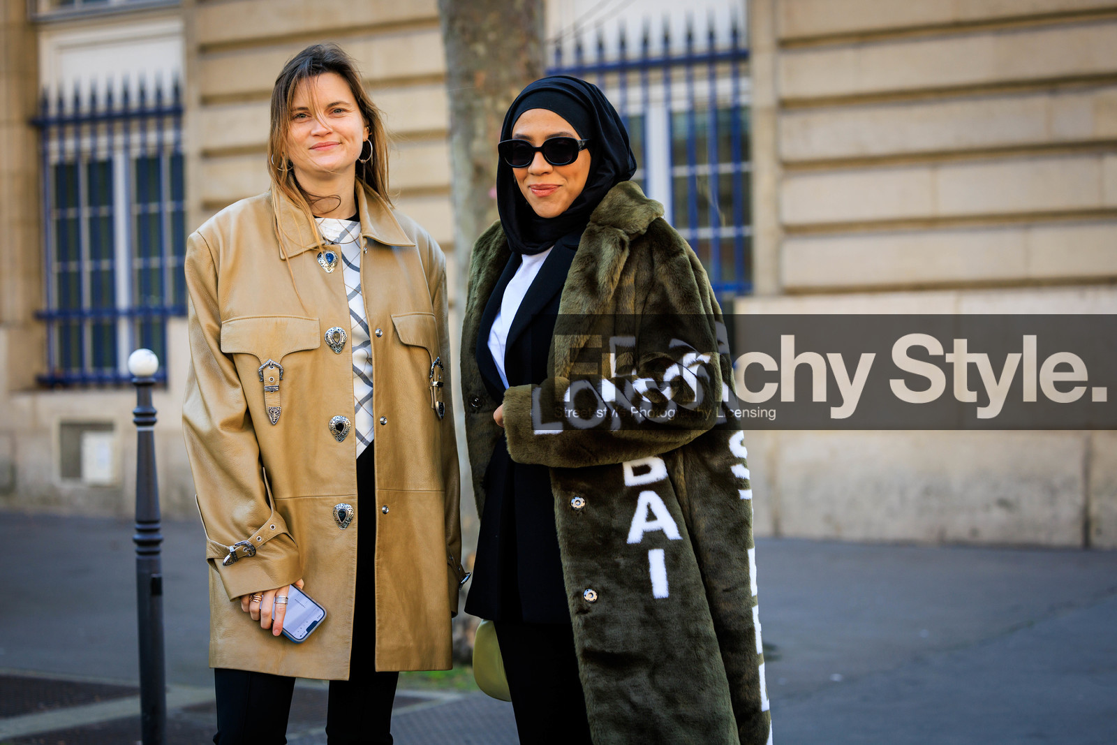 leather jacket, beige jacket, courreges top, plaid top, white top, black trousers, skinny pants, black scarf, green coat, furry coat, printed coat, yellow handbag, black blazer, white tshirt, silver loops, eugenie trochu, street style, jonathan paciullo, FW, frenchystyle, fashion week, AUTUMN WINTER 2022-2023, FALL WINTER 2022_2023, FW 22-23, horizontal, PFW, PARIS, atmosphere details, detail