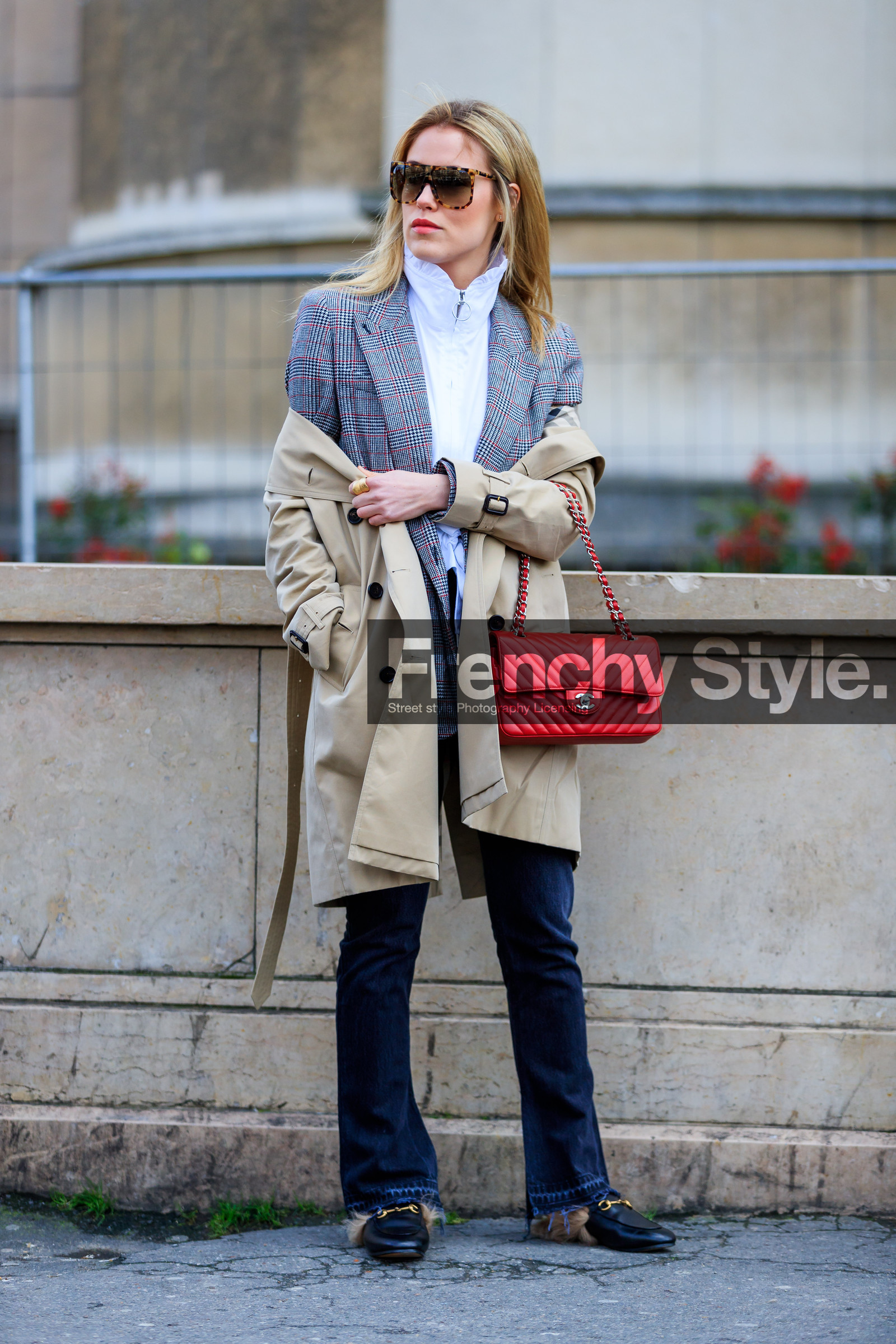 Annabel Rosendahl, AUTUMN WINTER 2017-2018, AW 17-18, beige coat, black denim, black mules, black shoes, blazer, chanel handbag, checked jacket, denim pants, FALL WINTER 2017-2018, fashion week, frenchystyle, full length, fur shoes, FW, FW 17-18, graphic jacket, grey jacket, gucci, jeans, jonathan paciullo, leather bag, leather shoes, loafers, off the shoulder, PARIS, PFW, plaid, printed jacket, red bag, street style, sunglasses, trench coat, trousers, vertical, white shirt