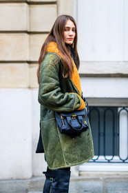 AUTUMN WINTER 2017-2018, AW 17-18, black bag, black boots, FALL WINTER 2017-2018, fashion week, frenchystyle, full length, fur collar, FW, FW 17-18, green jacket, high boots, jonathan paciullo, leather bag, model, PARIS, PFW, shearling, street style, suede jacket, trousers, vertical