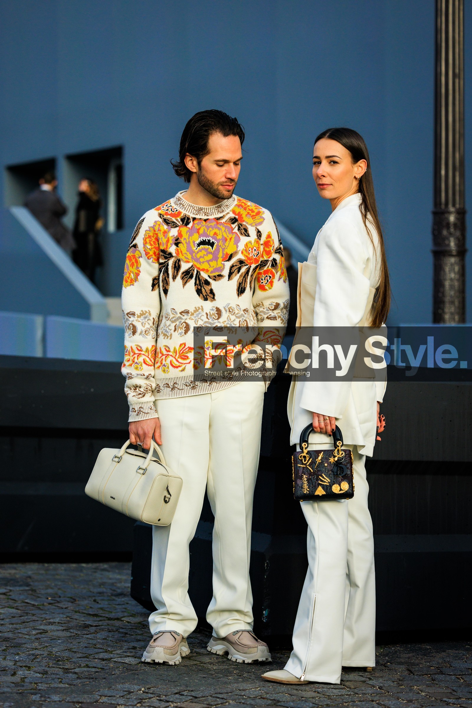 full white look, nude corset, white blazer, white pants, straight cut pants, white boots, buttoned corset, golden choker, black handbag, embroidered bag, floral jumper, knitwear, multicolor jumper, white jumper, white trousers, chunky shoes, grey shoes, white bag, menswear, fashion week, frenchystyle, FW, jonathan paciullo, street style, PFW, PARIS, FALL WINTER 2022-2023, AUTUMN WINTER 2022-2023, FW 22-23, full length, vertical