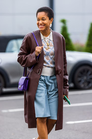 bag, beige polo, bermuda, blue bermuda, burgundy coat, coat, flower, gold necklace, hermes bag, initial necklace, leather coat, necklace, polo, printed polo, purple bag, Tamu McPherson, PARIS, PFW, fashion week, frenchystyle, FW, jonathan paciullo, street style, SPRING SUMMER 2022, SS 22, vertical, atmosphere details