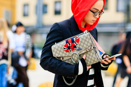 atmosphere details, beige bag, black jacket, detail, embroidered bag, embroidered jacket, embroideries, fashion week, frenchystyle, FW, gucci, hood, hoodie, horizontal, jonathan paciullo, leather bag, MFW, MILAN, monogram, printed bag, red sweater, snake print, SPRING SUMMER 2017, SS 17, street style