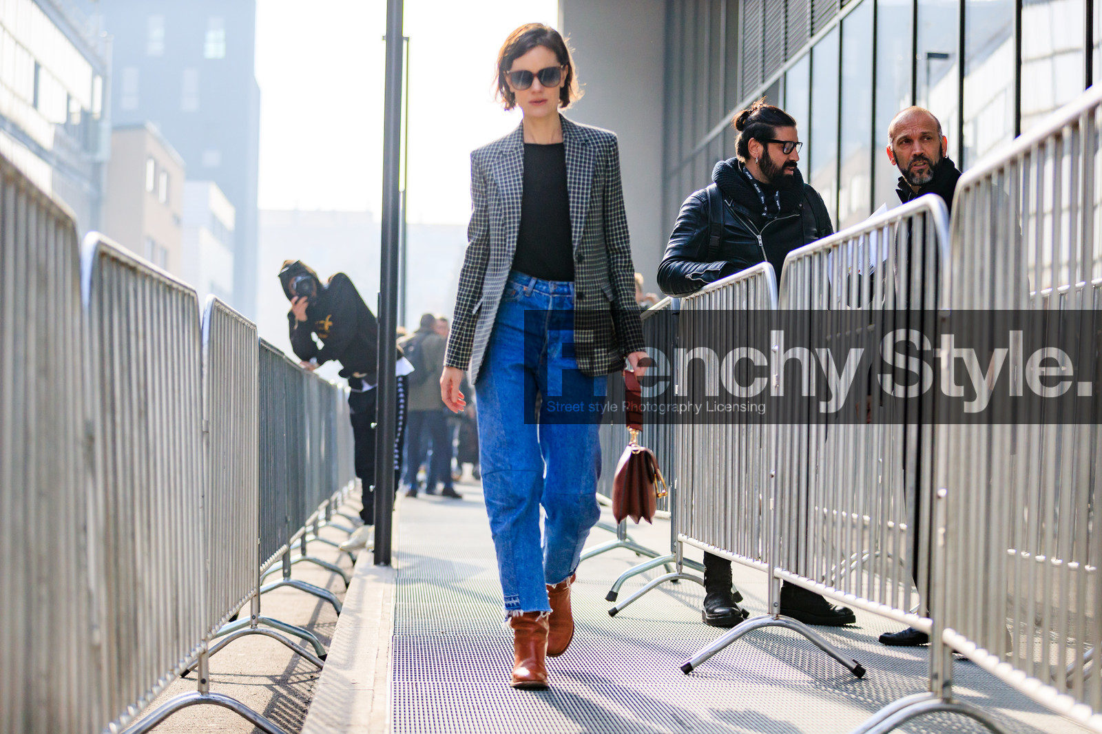 atmosphere details, AUTUMN WINTER 2017-2018, AW 17-18, black top, blazer, blue denim, brown bag, brown boots, checked jacket, denim pants, FALL WINTER 2017-2018, fashion week, frenchystyle, full length, FW, FW 17-18, graphic jacket, high heels, horizontal, jeans, jo ellison, jonathan paciullo, leather bag, leather shoes, MFW, MILAN, plaid, printed jacket, street style, sunglasses, trousers