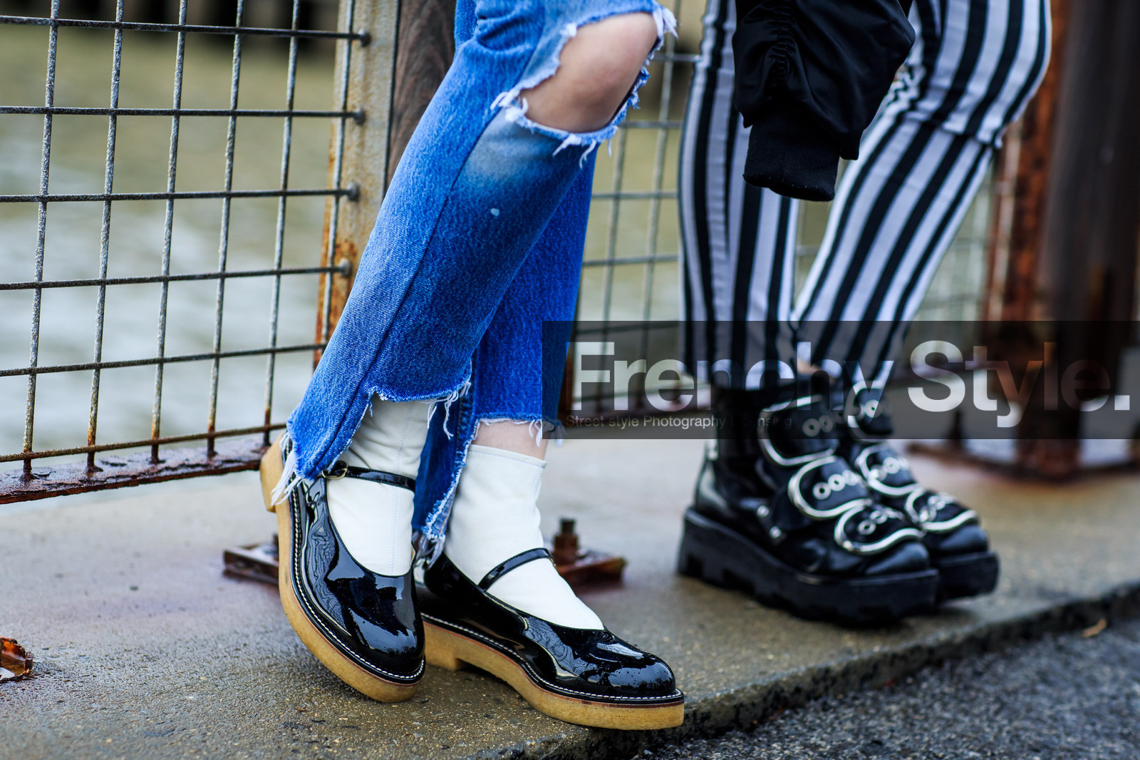 alexander wang, atmosphere details, AUTUMN WINTER 2016-2017, AW 16-17, babies, black boots, black shoes, blue denim, chanel, denim pants, detail, fashion week, frenchystyle, FW, FW 16-17, graphic pants, group of people, horizontal, jeans, jonathan paciullo, leather shoes, NEW YORK, NYFW, ranger boots, ripped pants, street style, striped pants, stripes, studs, trousers, varnished leather shoes, white socks, woman