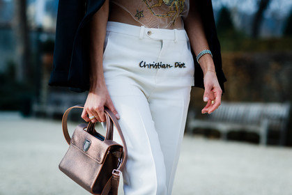 black jacket, blazer, bronze, christian dior, embroidered pants, leather bag, over the shoulder, see through, shiny bag, trousers, white pants, white top, fashion week, frenchystyle, FW, jonathan paciullo, street style, PFW, PARIS, SPRING SUMMER 2017, SS 17, HAUTE COUTURE, atmosphere details, detail, horizontal, negin mirsalehi
