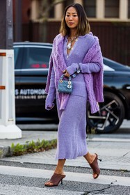 Aimee Song, bag, blue bag, bracelet, brown sandals, color, dior bag, knitted skirt, knitwear, leather bag, leather sandals, lila knitwear, lila skirt, long skirt, mini bag, necklace, quilted bag, sandals, skirt, statement necklace, street style, jonathan paciullo, FW, frenchystyle, fashion week, PFW, PARIS, SPRING SUMMER 2022, SS 22, vertical, full length