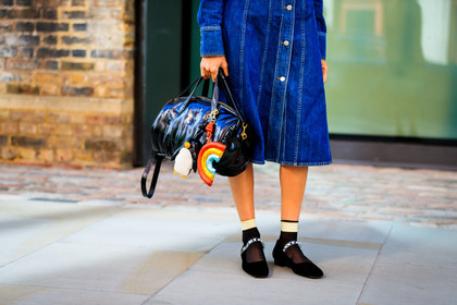 babies, black bag, black shoes, black socks, blanca miro scrimieri, blue denim, denim dress, leather bag, leather shoes, rainbow, fashion week, frenchystyle, FW, jonathan paciullo, street style, LFW, LONDON, SPRING SUMMER 2019, SS 19, atmosphere details, horizontal, detail