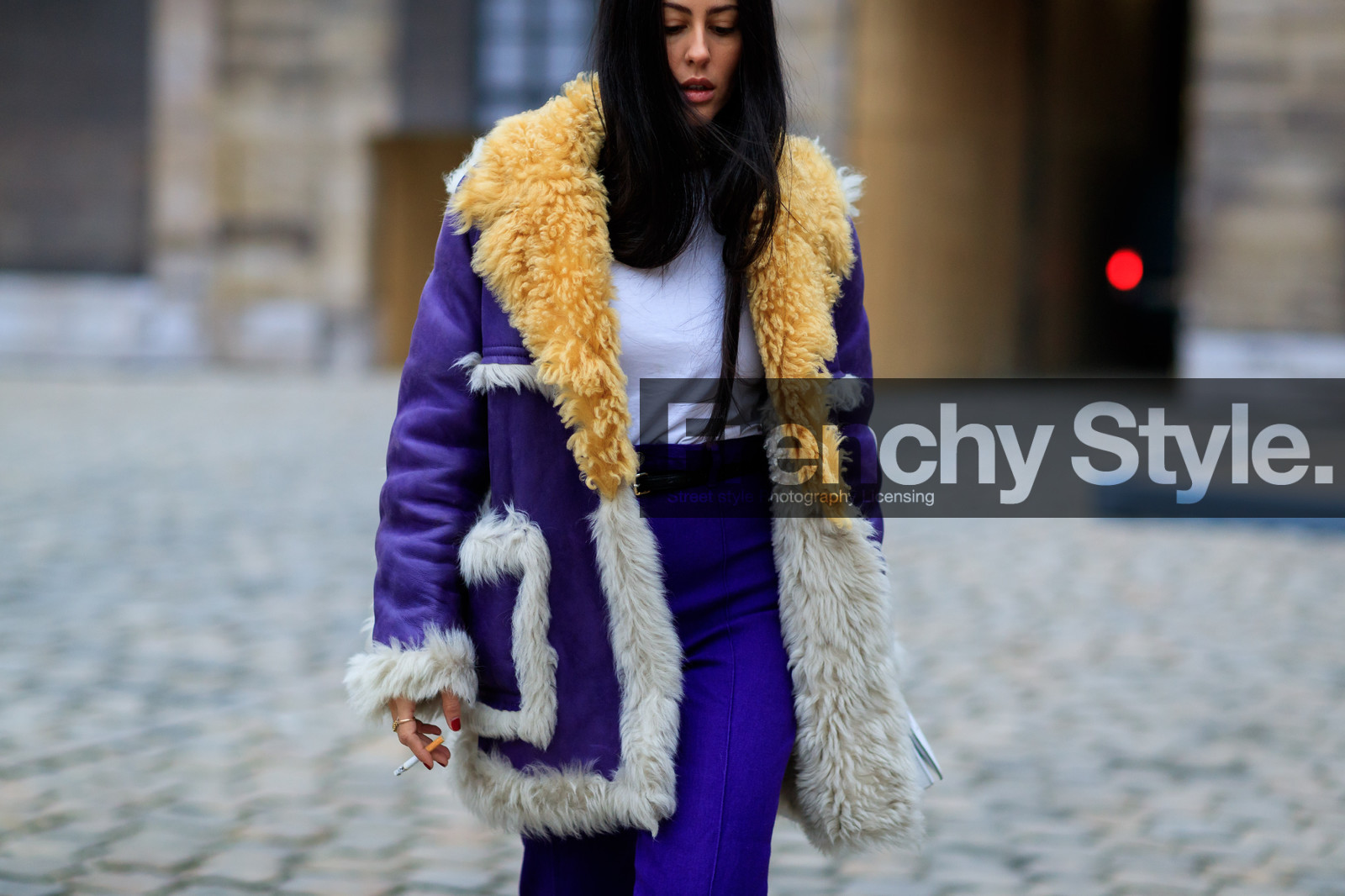 fur jacket, prada, purple jacket, purple pants, shearling, trousers, white bag, white fur, white t shirt, yellow fur, fashion week, frenchystyle, FW, jonathan paciullo, street style, PFW, PARIS, SPRING SUMMER 2017, SS 17, HAUTE COUTURE, atmosphere details, detail, horizontal, gilda ambrosio