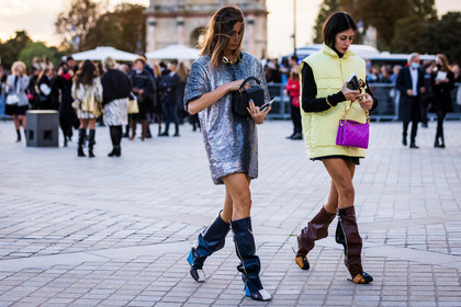 bag, black bag, black boots, black dress, boots, brown boots, dress, duo, Gilda Ambrosio, Giorgia Tordini, gold chain, gold necklace, high boots, jacket, louis vuitton look, necklace, purple bag, sequins, silver dress, sleeveless jacket, yellow jacket, fashion week, frenchystyle, FW, jonathan paciullo, street style, PFW, PARIS, SPRING SUMMER 2022, SS 22, horizontal, atmosphere details, full length