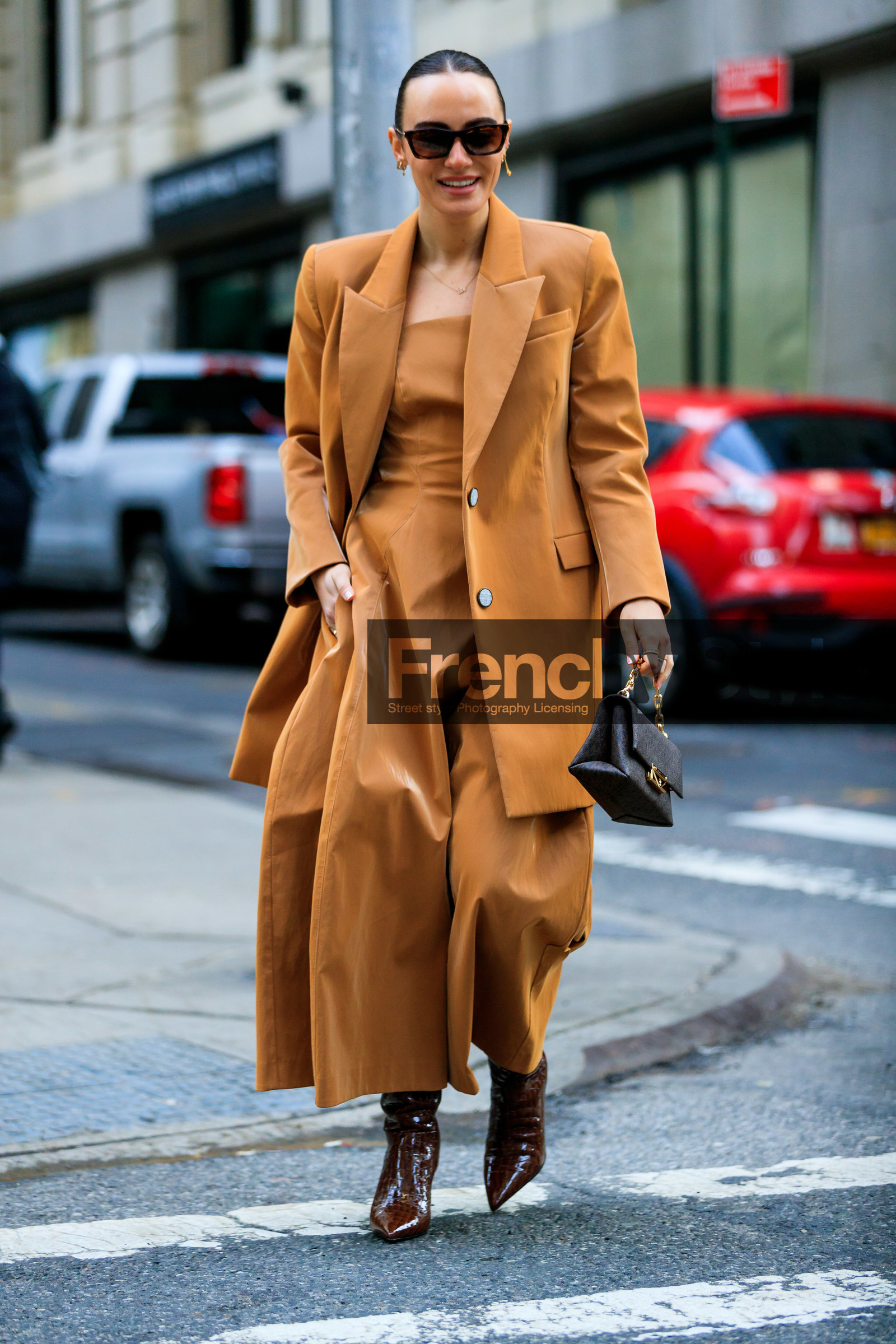 olivia perez, camel jacket, camel dress, long dress, brown leather bag, golden chain strap bag, hand bag, monogrammed bag, brown leather boots, animal skin boots, high boots, high heels boots, sharp end boots, fashion week, frenchystyle, FW, jonathan paciullo, street style, NYFW, NEW YORK, AUTUMN WINTER 2020-2021, FALL WINTER 2020-2021, FW 20-21, vertical, full length