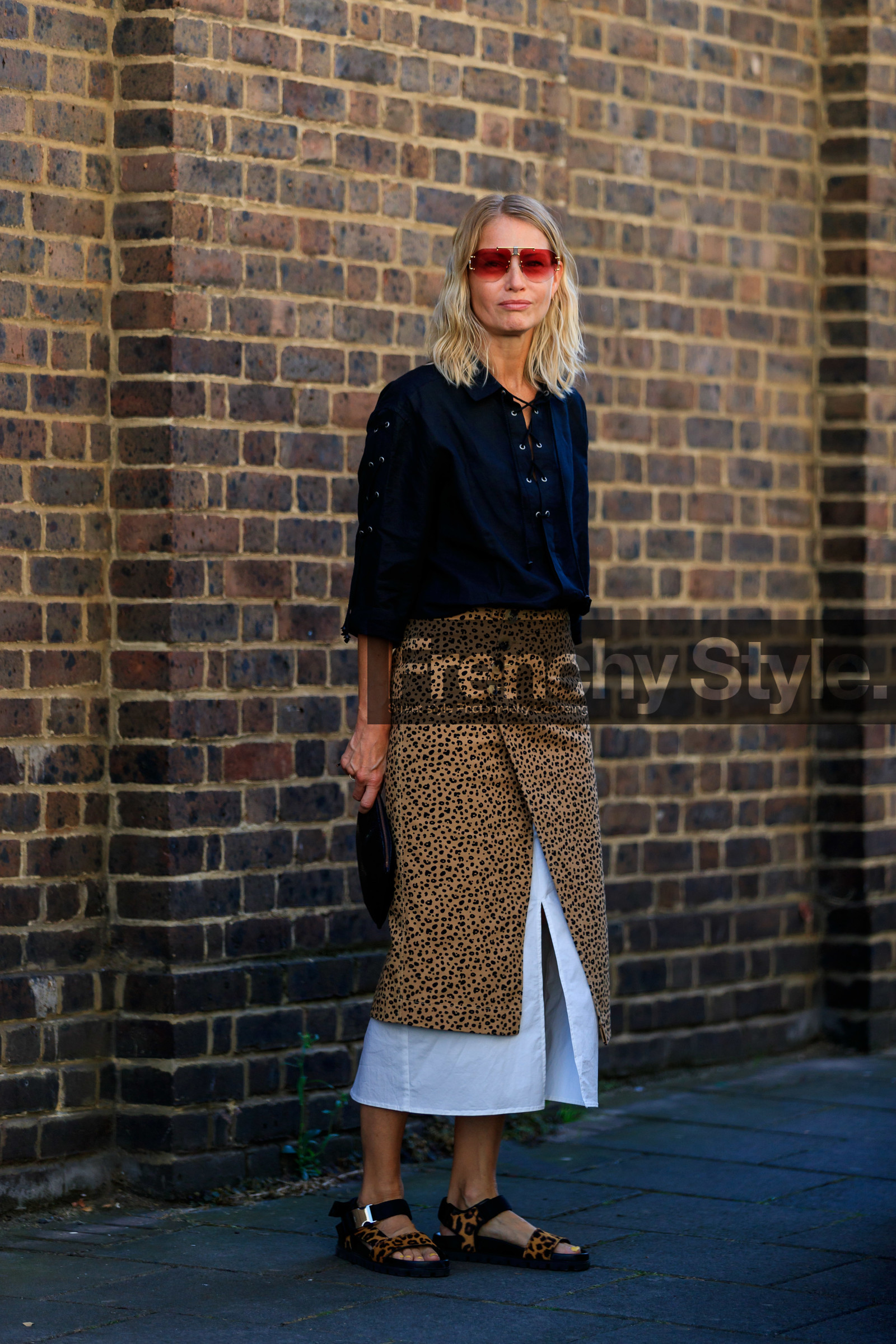 holli rogers, holly rodgers, aviator sunglasses, red sunglasses, black blouse, laced blouse, animal print skirt, leopard printed skirt, light brown skirt, wrap skirt, animal print sandals, sports sandals, flat sandals, fashion week, frenchystyle, FW, jonathan paciullo, street style, vertical, full length