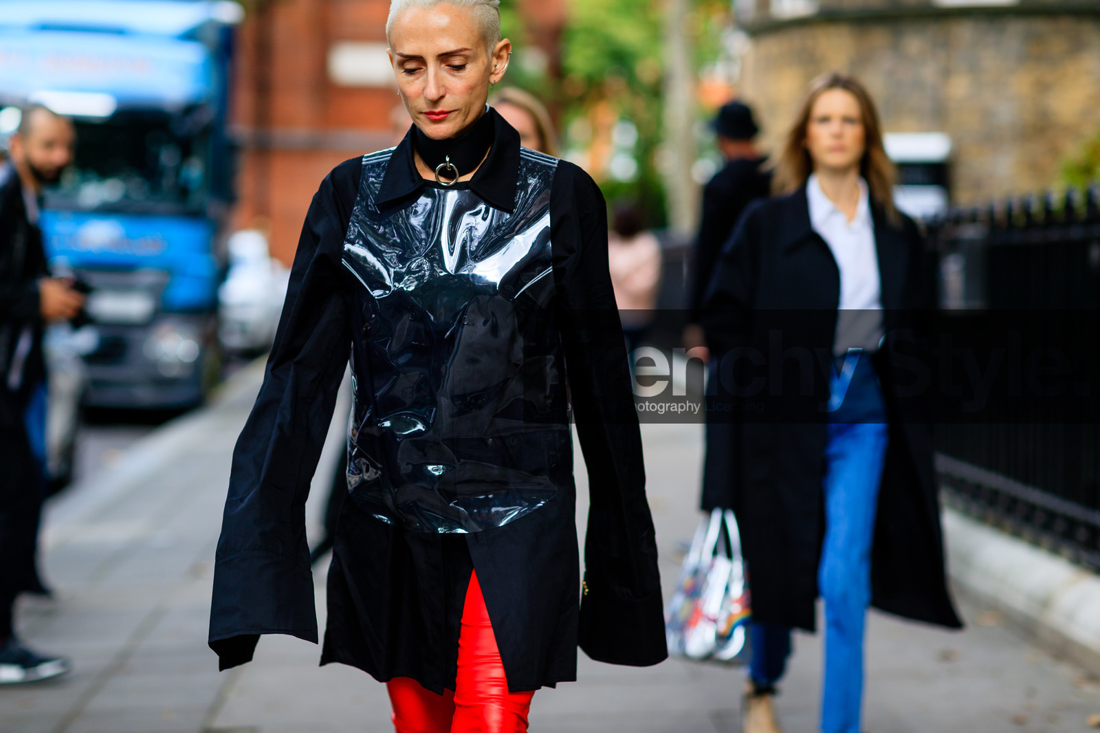 atmosphere details, black jacket, black shirt, choker, detail, fashion week, frenchystyle, FW, horizontal, jonathan paciullo, leather pants, LFW, LONDON, necklace, red pants, SPRING SUMMER 2017, SS 17, street style, trousers, woman