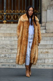 yoyo cao, camel coat, fur coat, long coat, camel leather coat, camel leather boots, white t-shirt, white jeans, PARIS, PFW, SPRING SUMMER 2020, SS 20, fashion week, frenchystyle, FW, jonathan paciullo, street style, vertical, full length