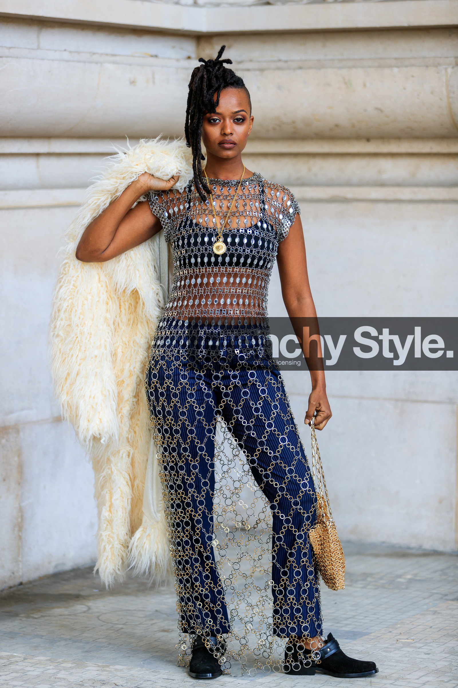 beige bag, black bra, black shoes, blue pants, braids, fur jacket, graphic dress, leather bag, leather shoes, metallic dress, necklace, off the shoulder, paco rabanne, printed dress, see through, shiny dress, silver dress, trousers, white fur, white jacket, PARIS, PFW, street style, jonathan paciullo, FW, frenchystyle, fashion week, AUTUMN WINTER 2019-2020, AW 19-20, FALL WINTER 2019-2020, FW 19-20, vertical, full length