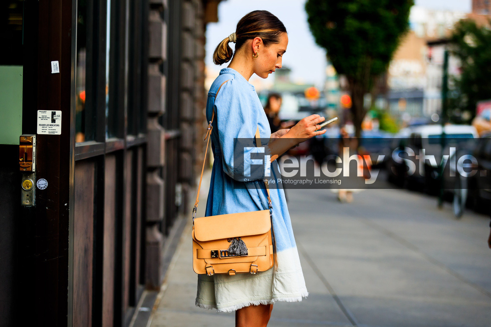 beige bag, blue denim, blue dress, denim dress, graphic bag, leather bag, printed bag, proenza schouler, tie & die, fashion week, frenchystyle, FW, jonathan paciullo, street style, NYFW, NEW YORK, SPRING SUMMER 2019, SS 19, atmosphere details, horizontal, detail